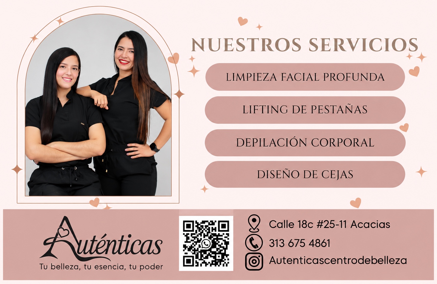 Anuncio de Auténticas, centro de belleza: limpieza facial profunda, lifting de pestañas, depilación corporal y diseño de cejas.
