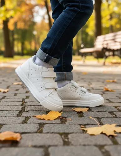 Tenis blancos con velcro sobre hojas de otoño